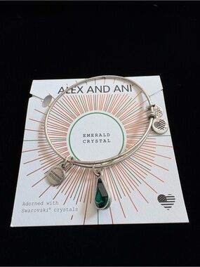 Alex and Ani Silver Teardrop Emerald Crystal Charm Bangle